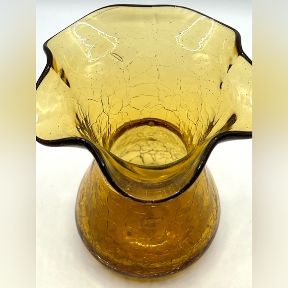 Vintage Hand Blown Amber Crackle Glass Ruffled Edges Fluted Rim Vase 4.8 in - Picture 4 of 8